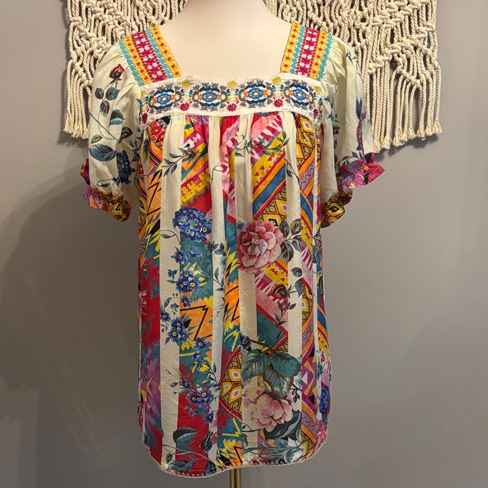 Johnny Was Multicolor Floral and Geometric Blouse